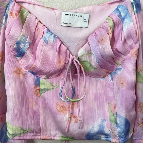 ASOS Design Corset Top With Ruffle Shoulder In Pink Occasion Floral Print Size 4 - Picture 7 of 15